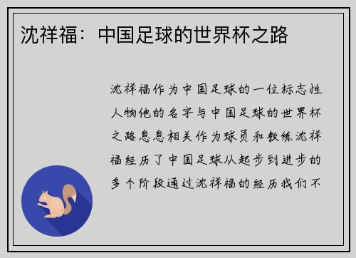 沈祥福:中国足球的世界杯之路